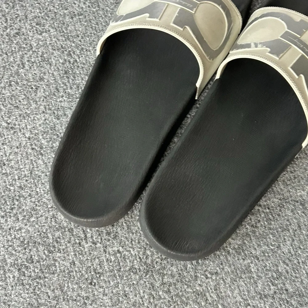 Salvatore Ferragamo Slide Sandals Mens 11 Black White Logo Rubber Gancini